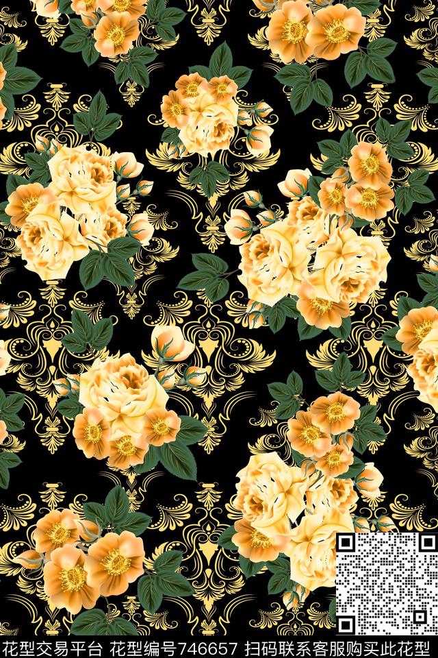 大花花朵花卉数码印花华亿平台下载（图片编号: 746657） - 瓦栏（Walan）
