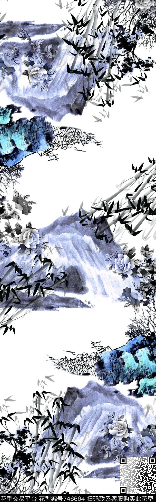 中国风披肩长巾青花数码印花华亿平台下载（图片编号: 746664） - 瓦栏（Walan）