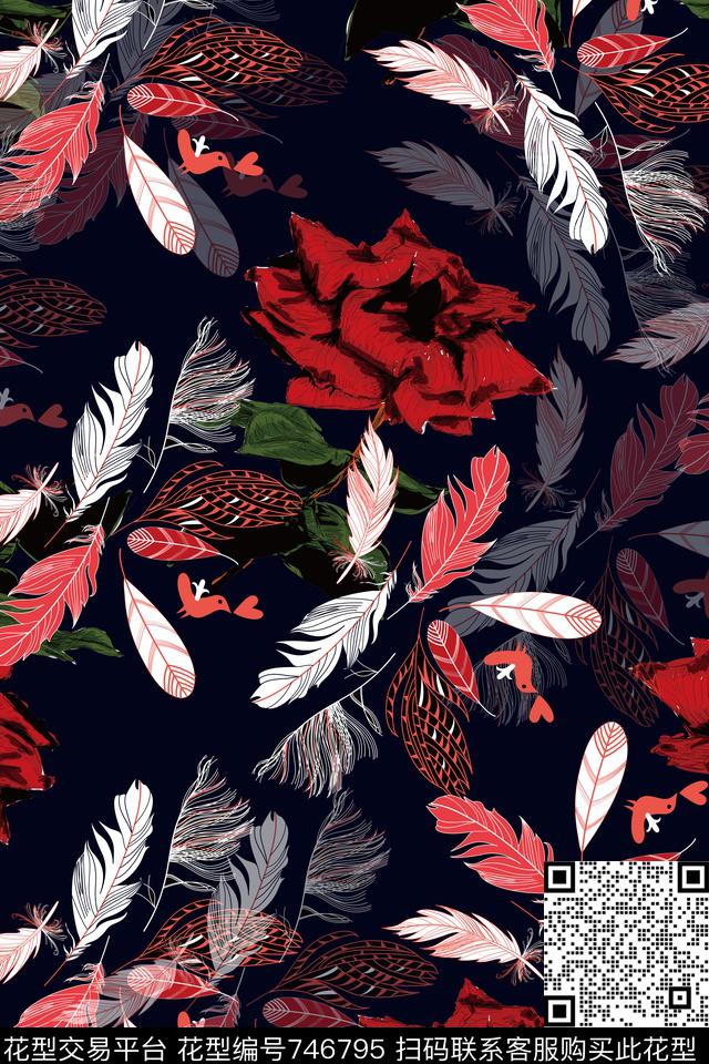 手绘玫瑰花鸟数码印花华亿平台下载（图片编号: 746795） - 瓦栏（Walan）