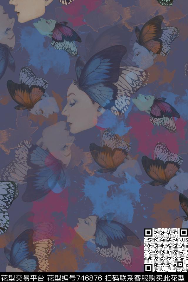 蝴蝶人物笔刷数码印花华亿平台下载（图片编号: 746876） - 瓦栏（Walan）