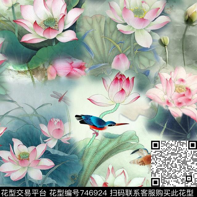 花朵荷花1/2跳接数码印花华亿平台下载（图片编号: 746924） - 瓦栏（Walan）