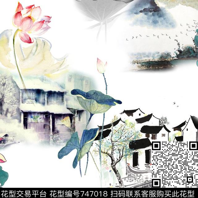 休闲风1/2跳接山水数码印花华亿平台下载（图片编号: 747018） - 瓦栏（Walan）