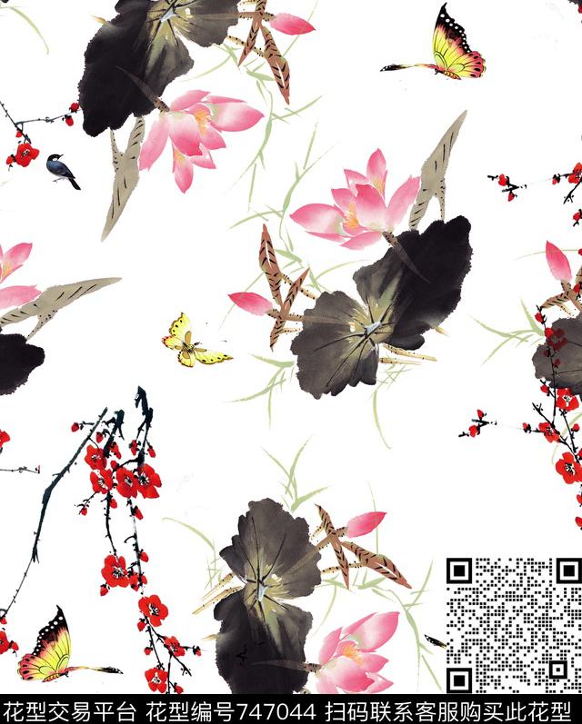 中国风国画水墨写意花卉手绘时尚花鸟水墨中国风数码印花华亿平台下载（图片编号: 747044） - 瓦栏（Walan）