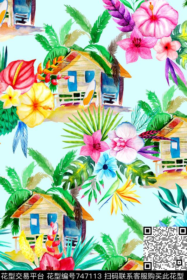 时尚手绘水彩数码印花华亿平台下载（图片编号: 747113） - 瓦栏（Walan）
