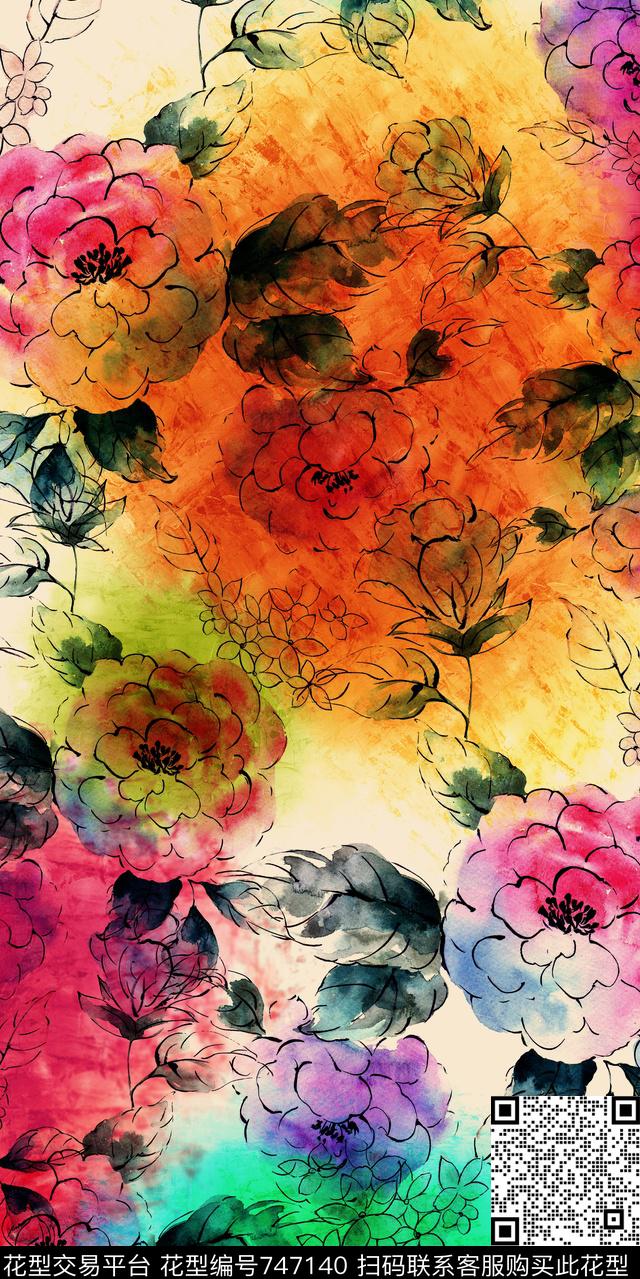 乱花大花花朵数码印花华亿平台下载（图片编号: 747140） - 瓦栏（Walan）