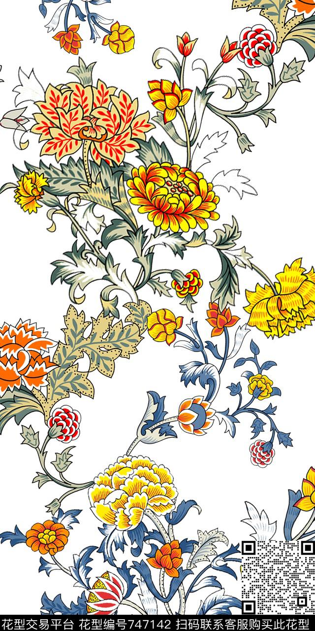 菊花雏菊花朵传统印花华亿平台下载（图片编号: 747142） - 瓦栏（Walan）