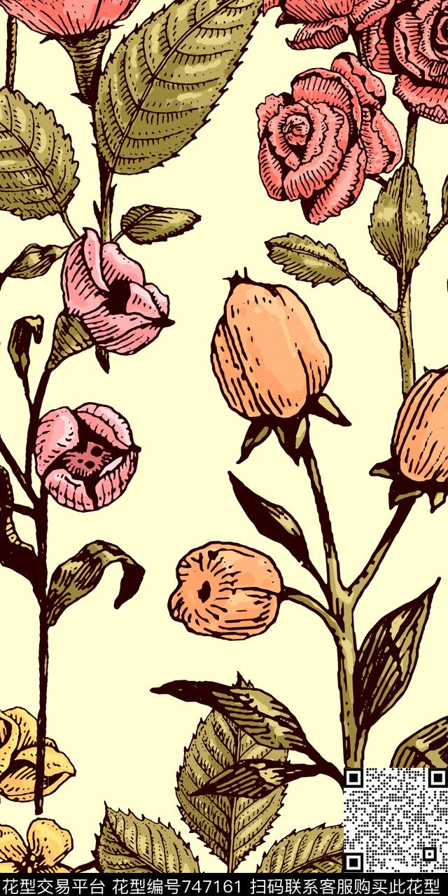 满版花数码花卉类大花传统印花华亿平台下载（图片编号: 747161） - 瓦栏（Walan）