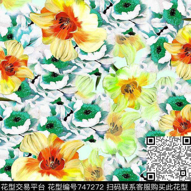 花朵花卉方巾数码印花华亿平台下载（图片编号: 747272） - 瓦栏（Walan）