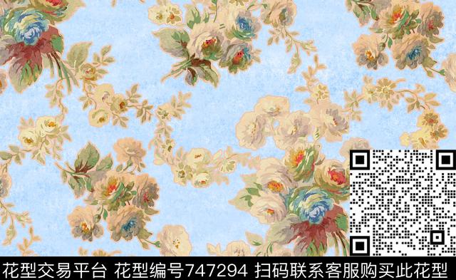 牡丹玫瑰花朵数码印花华亿平台下载（图片编号: 747294） - 瓦栏（Walan）