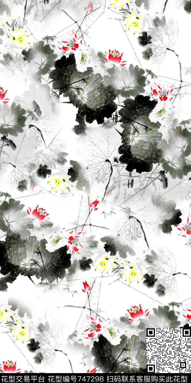 荷花水彩水墨数码印花华亿平台下载（图片编号: 747298） - 瓦栏（Walan）
