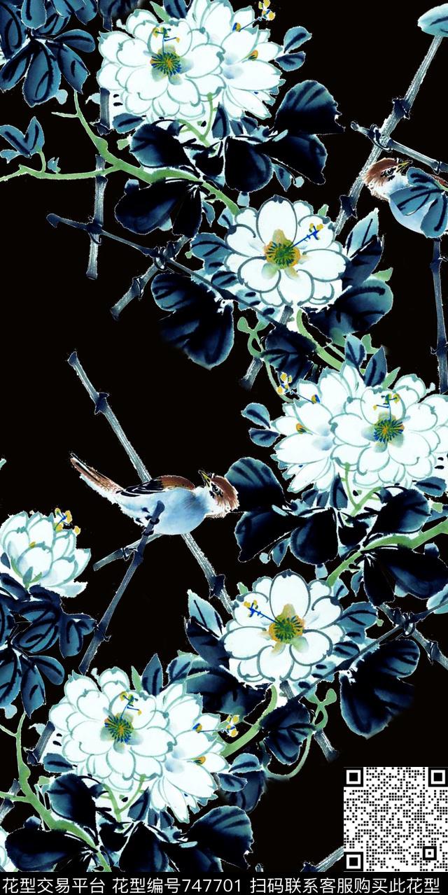 花鸟花朵蝴蝶数码印花华亿平台下载（图片编号: 747701） - 瓦栏（Walan）