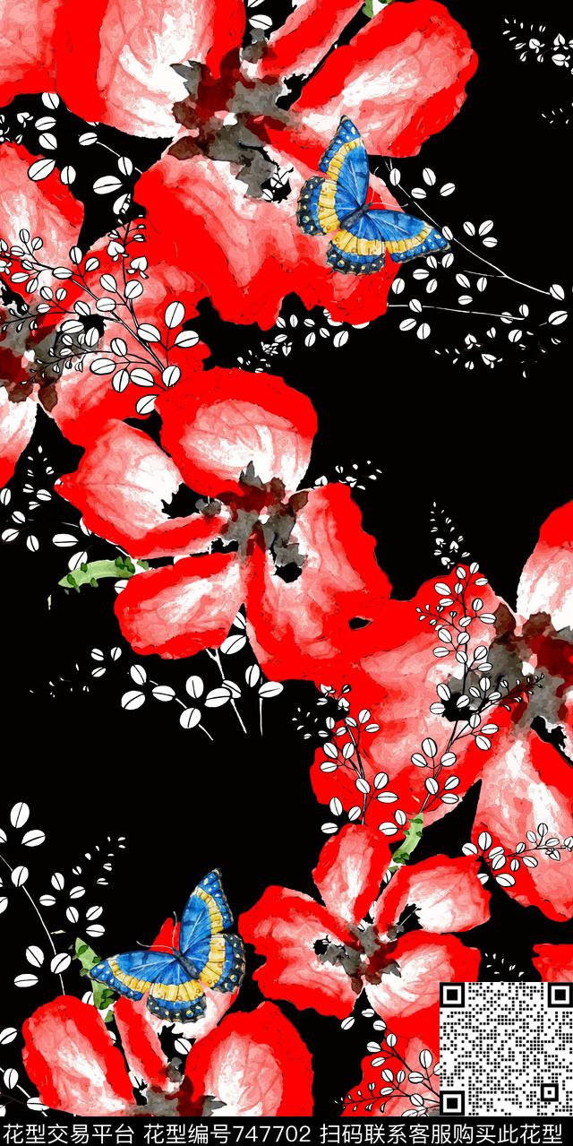花鸟花朵蝴蝶数码印花华亿平台下载（图片编号: 747702） - 瓦栏（Walan）