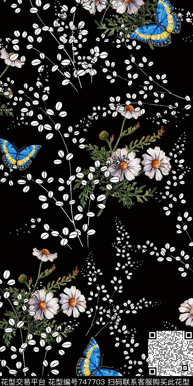 花鸟花朵蝴蝶数码印花华亿平台下载（图片编号: 747703） - 瓦栏（Walan）