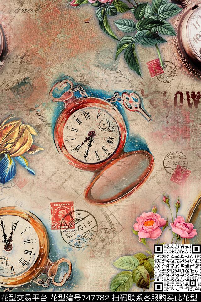 复古怀表花卉数码印花华亿平台下载（图片编号: 747782） - 瓦栏（Walan）