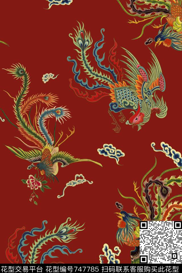 中国风孔雀凤凰数码印花华亿平台下载（图片编号: 747785） - 瓦栏（Walan）