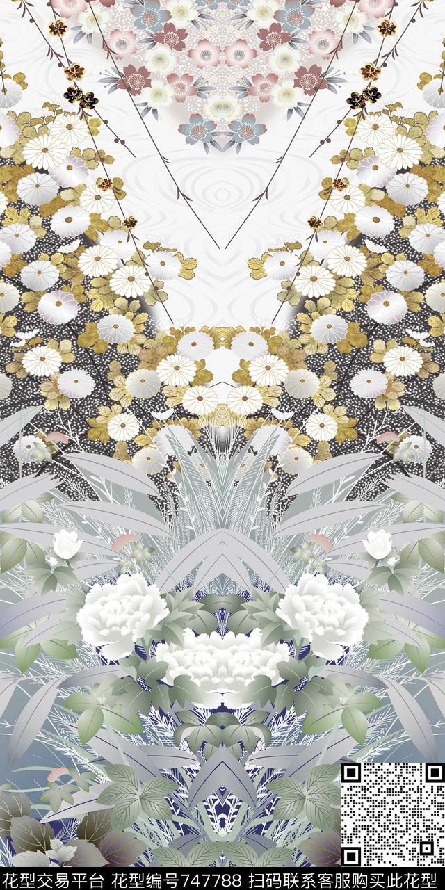 镜像花卉日式风格数码印花华亿平台下载（图片编号: 747788） - 瓦栏（Walan）