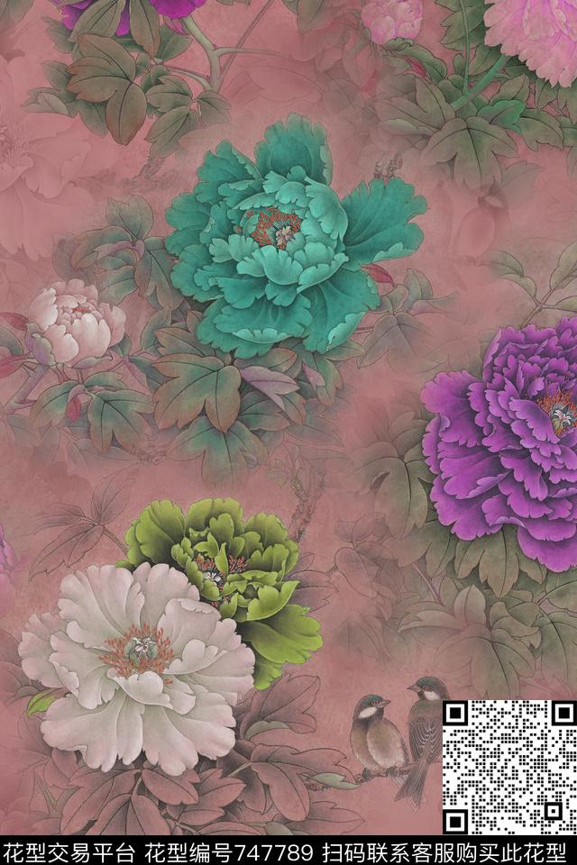 中国风国画牡丹数码印花华亿平台下载（图片编号: 747789） - 瓦栏（Walan）