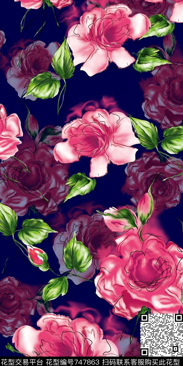 花卉玫瑰手绘数码印花华亿平台下载（图片编号: 747863） - 瓦栏（Walan）
