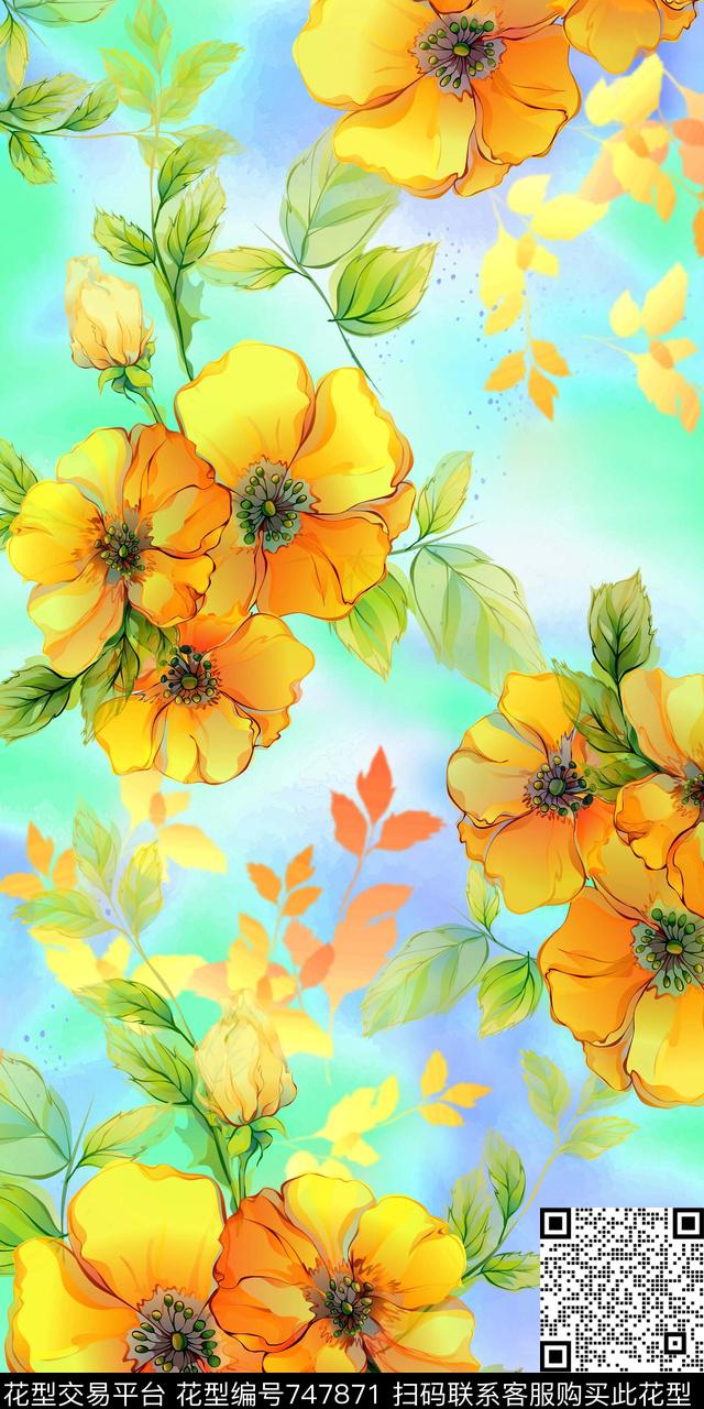 水彩花卉花朵花卉数码印花华亿平台下载（图片编号: 747871） - 瓦栏（Walan）