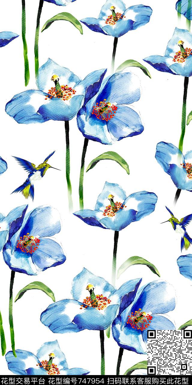 水墨水彩花鸟数码印花华亿平台下载（图片编号: 747954） - 瓦栏（Walan）