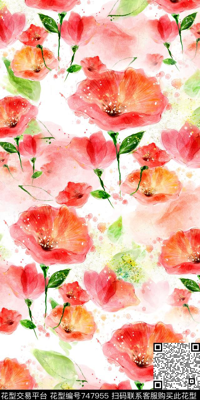 水墨水彩花鸟数码印花华亿平台下载（图片编号: 747955） - 瓦栏（Walan）