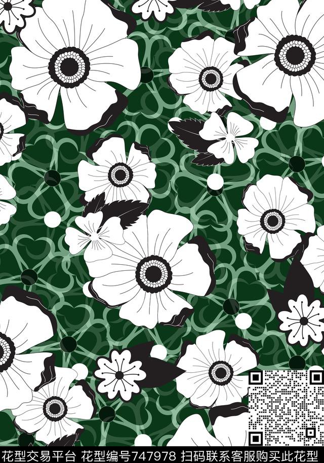 花卉黑白花卉时尚简约花卉传统印花华亿平台下载（图片编号: 747978） - 瓦栏（Walan）