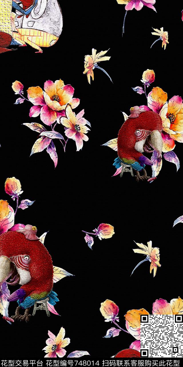 花卉鸟手绘数码印花华亿平台下载（图片编号: 748014） - 瓦栏（Walan）