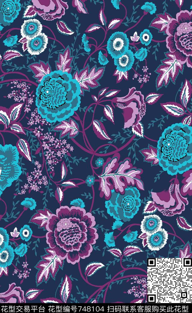 花卉乱花大花传统印花华亿平台下载（图片编号: 748104） - 瓦栏（Walan）
