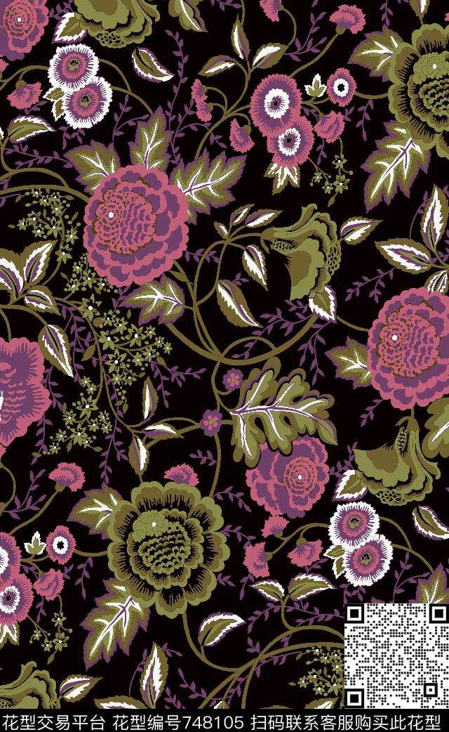 花卉乱花大花传统印花华亿平台下载（图片编号: 748105） - 瓦栏（Walan）