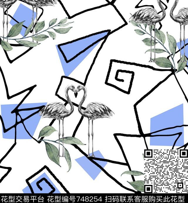 几何色块丹顶鹤传统印花华亿平台下载（图片编号: 748254） - 瓦栏（Walan）