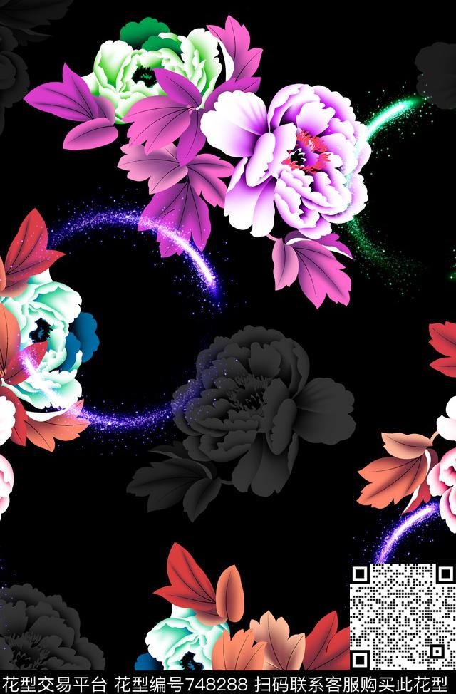 大花流星圆点缀花卉数码印花华亿平台下载（图片编号: 748288） - 瓦栏（Walan）