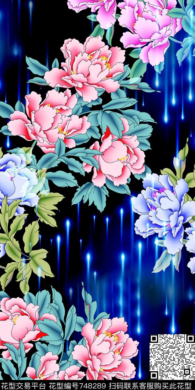 传统印花美感花卉流星雨数码印花华亿平台下载（图片编号: 748289） - 瓦栏（Walan）