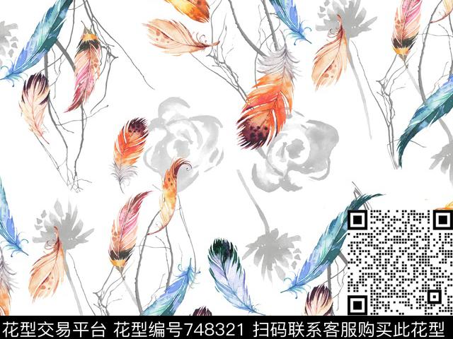 清新羽毛暗花数码印花华亿平台下载（图片编号: 748321） - 瓦栏（Walan）