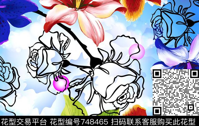 时尚女装大花花卉数码印花华亿平台下载（图片编号: 748465） - 瓦栏（Walan）