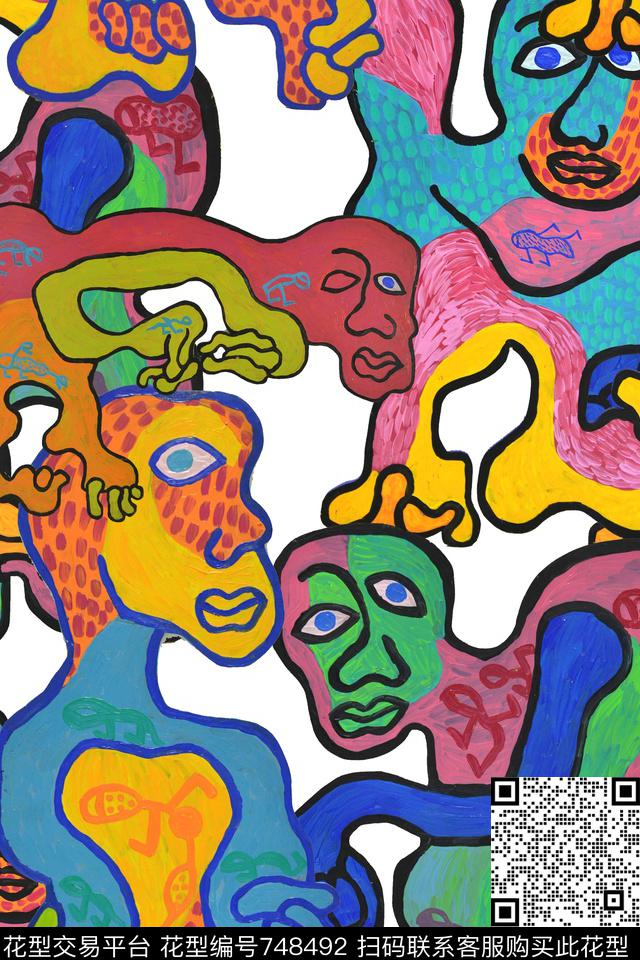 手绘抽象趣味数码印花华亿平台下载（图片编号: 748492） - 瓦栏（Walan）
