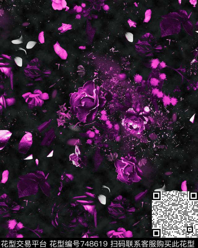 玫瑰花卉云纹数码印花华亿平台下载（图片编号: 748619） - 瓦栏（Walan）