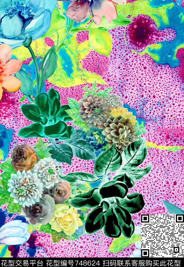 手绘五彩花卉数码印花华亿平台下载（图片编号: 748624） - 瓦栏（Walan）