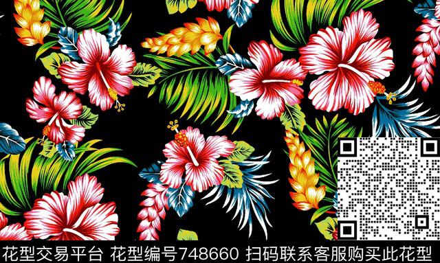 朱槿花扶桑花绿叶红花传统印花华亿平台下载（图片编号: 748660） - 瓦栏（Walan）