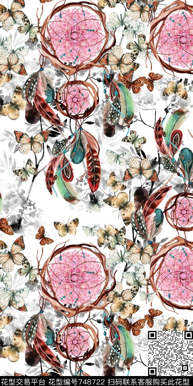 手绘蝴蝶黑白数码印花华亿平台下载（图片编号: 748722） - 瓦栏（Walan）