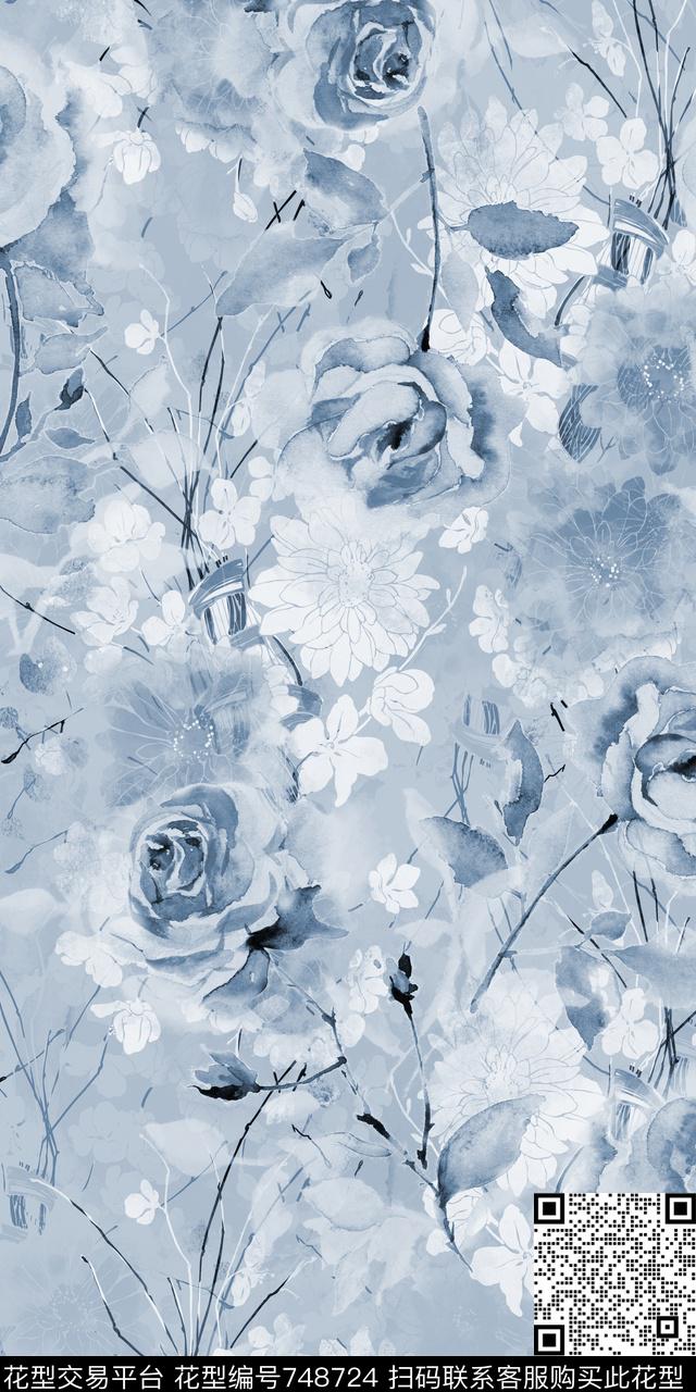 淡雅手绘玫瑰数码印花华亿平台下载（图片编号: 748724） - 瓦栏（Walan）