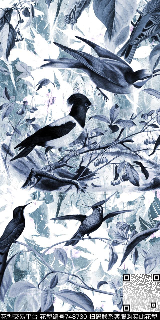 手绘花鸟枫叶数码印花华亿平台下载（图片编号: 748730） - 瓦栏（Walan）