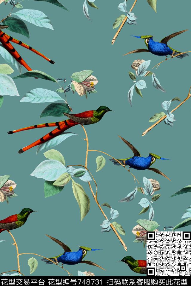 手绘枝条花鸟数码印花华亿平台下载（图片编号: 748731） - 瓦栏（Walan）
