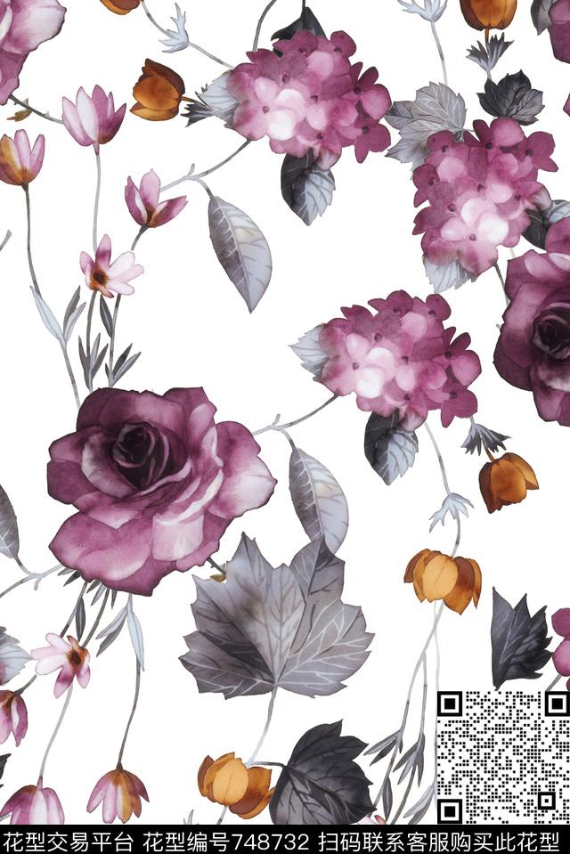 淡雅手绘玫瑰数码印花华亿平台下载（图片编号: 748732） - 瓦栏（Walan）