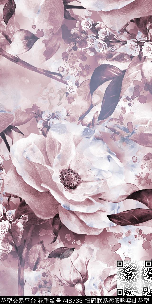手绘花朵花卉数码印花华亿平台下载（图片编号: 748733） - 瓦栏（Walan）