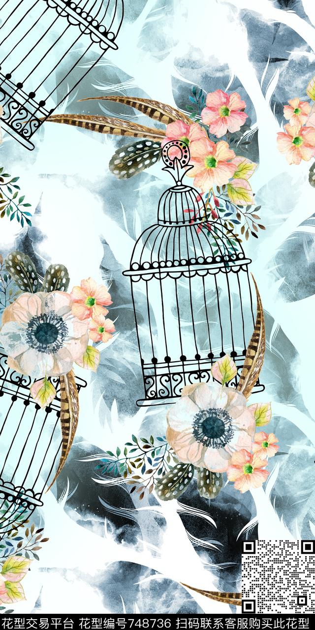 手绘鸟笼花卉数码印花华亿平台下载（图片编号: 748736） - 瓦栏（Walan）