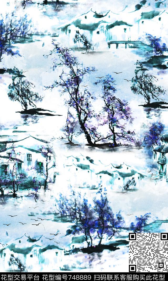 水墨画、国画、江南小镇水墨、抽象水墨肌理数码印花华亿平台下载（图片编号: 748889） - 瓦栏（Walan）