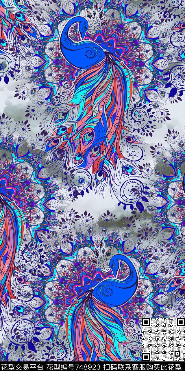 孔雀云彩花纹数码印花华亿平台下载（图片编号: 748923） - 瓦栏（Walan）