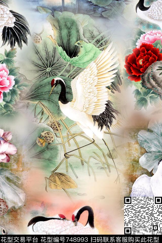 花卉中国风仙鹤数码印花华亿平台下载（图片编号: 748993） - 瓦栏（Walan）