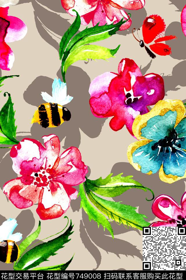 时尚手绘水彩数码印花华亿平台下载（图片编号: 749008） - 瓦栏（Walan）