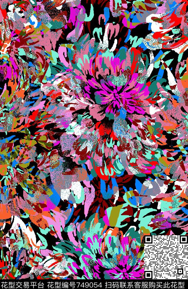 格子抽象花卉数码印花华亿平台下载（图片编号: 749054） - 瓦栏（Walan）